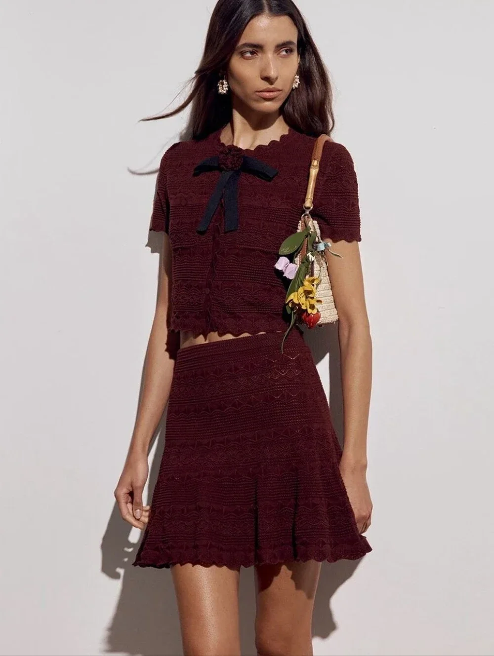 Self Portrait Brown Pointelle Knit Top With Matching Mini Skirt Set - Picture 8 of 16